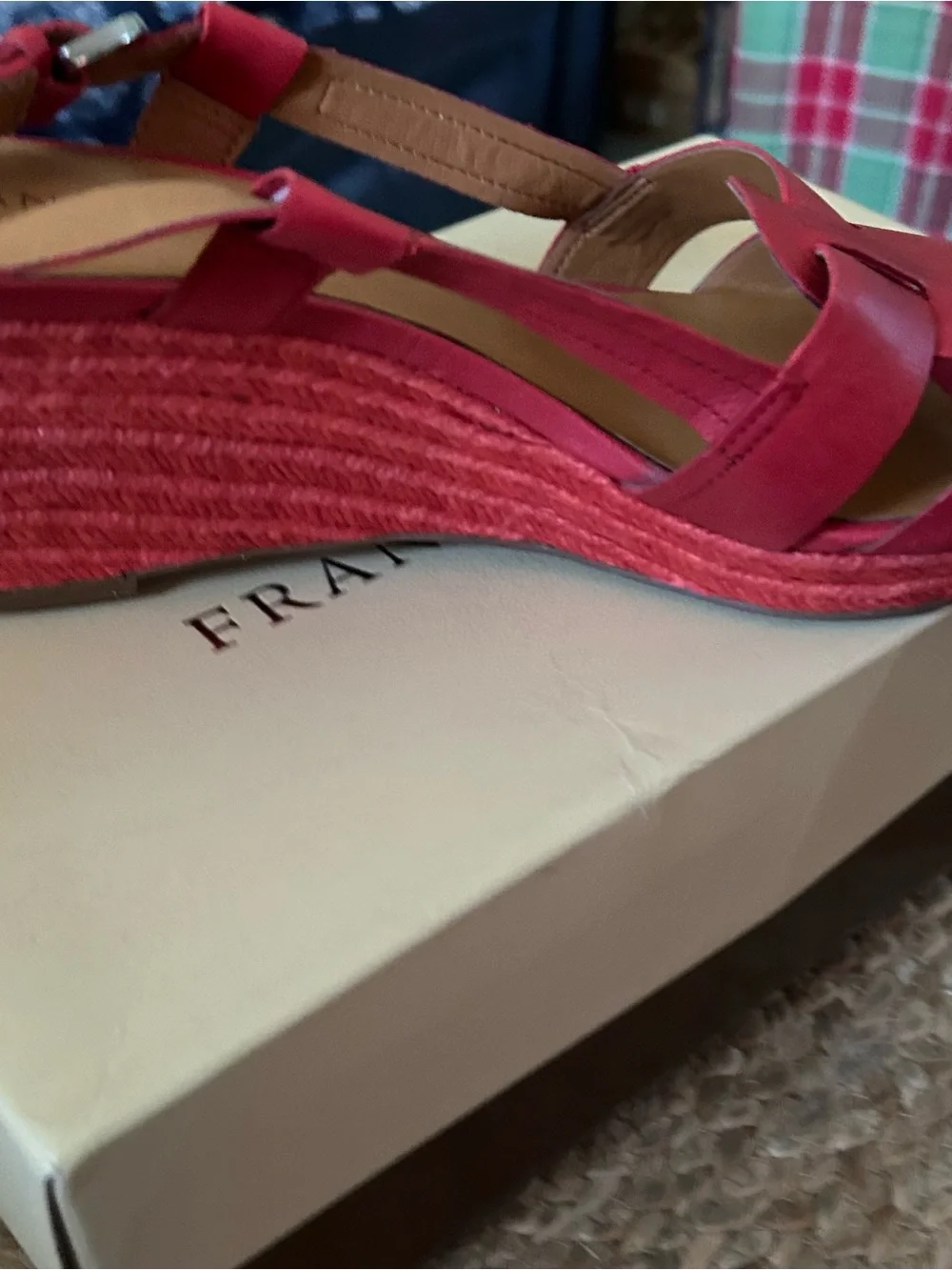 Franco Sarto Coral-Red Leather Espadrille Wedge Sandals- 3 in wedge